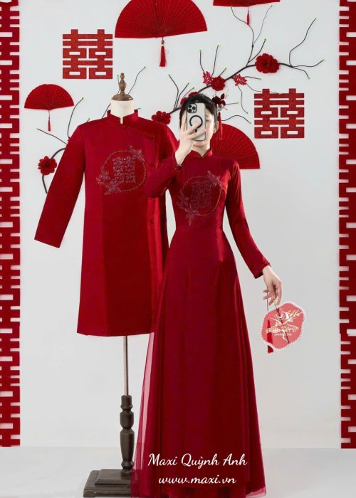 Cặp Áo Dài Cưới Hỷ Hoa Đỏ