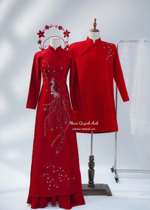 Cặp Áo Dài Cưới Phượng Vũ Đỏ