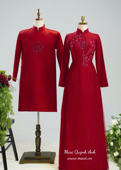 Cặp Áo Dài Cưới Hỷ Hoa Bi Đỏ