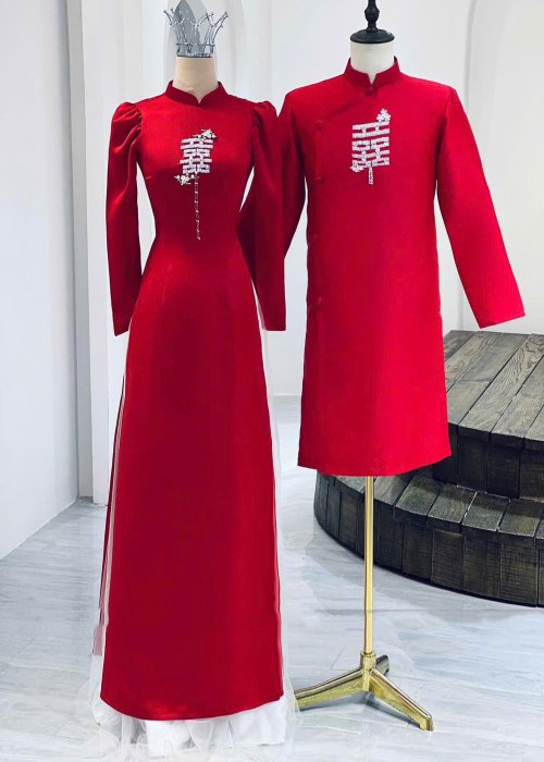 Cặp Áo Dài Cưới Hỷ Vuông Truyền Thống