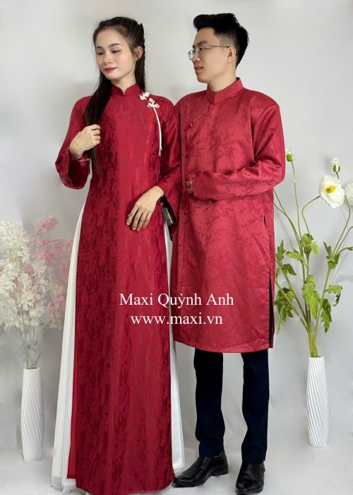 Cặp Áo Dài Cưới Gấm Nút Đơn Giản
