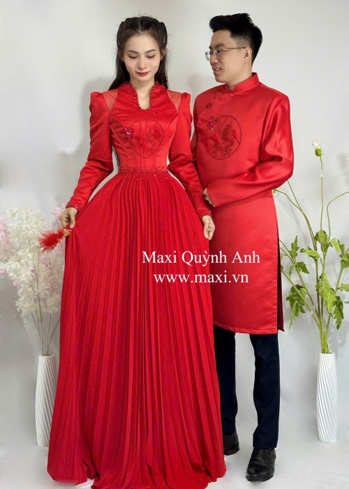 Cặp Áo Dài Cưới Hỷ Hoa Dập Ly