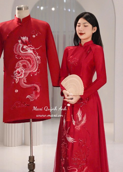 Cặp Áo Dài Cưới Song Phụng Bảo Ngọc Đỏ