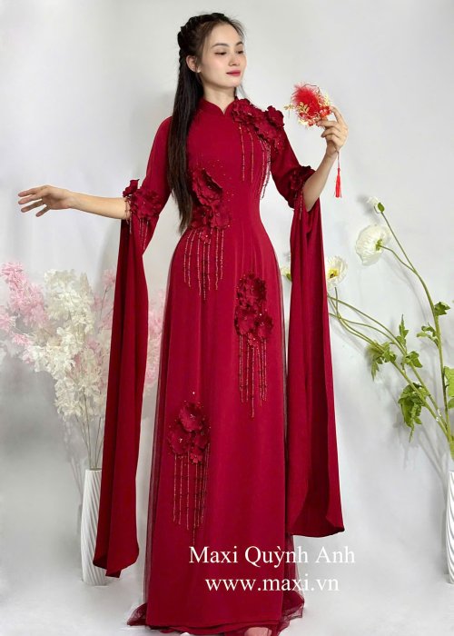 Áo Dài Cưới Hoa Nổi Tay Xẻ