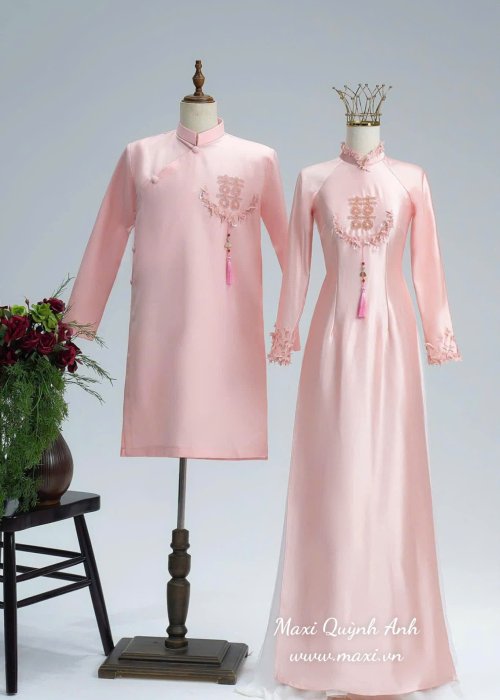 Cặp Áo Dài Cưới Tuyết Điệp Hồng Hỷ