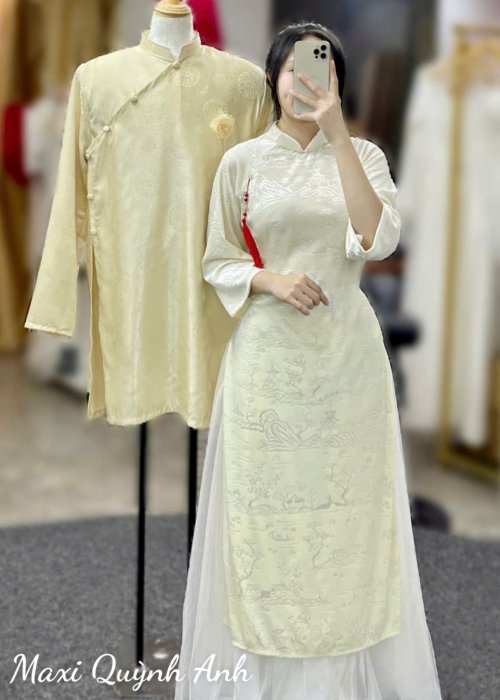 Cặp Áo Dài Cưới Gấm Vàng Kim