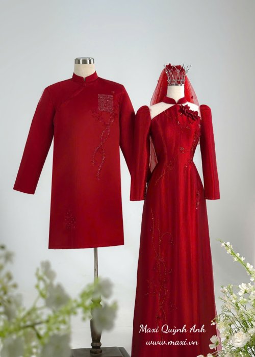 Cặp Áo Dài Cưới Phượng Điệp Đỏ