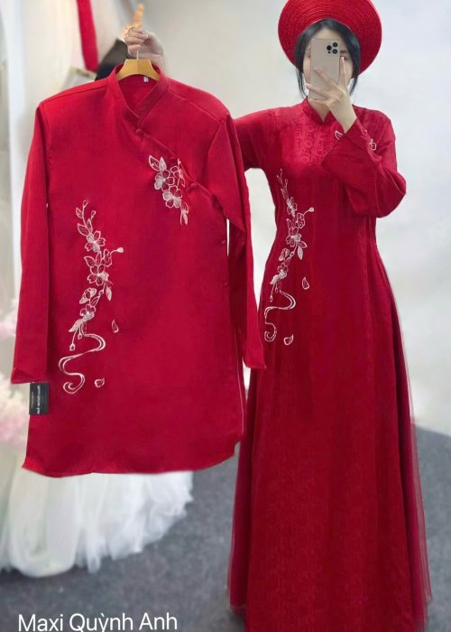 Cặp Áo Dài Cưới Gấm Thêu Cát Tường