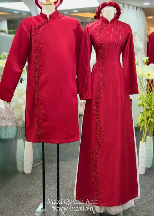 Cặp Áo Dài Cưới Hỷ Châu Đỏ