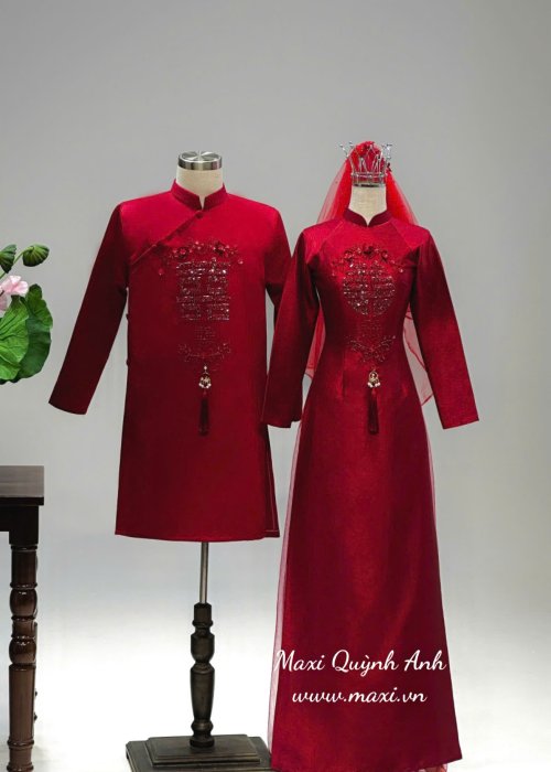 Cặp Áo Dài Cưới Hỷ Quạt Lưu Ly