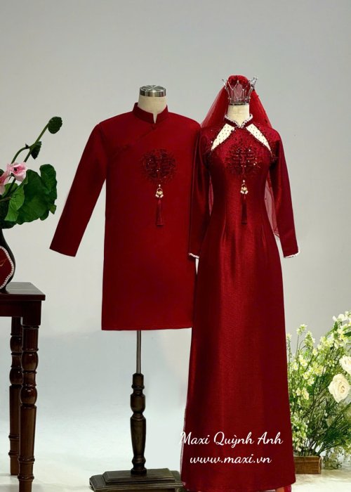 Cặp Áo Dài Cưới Hỷ Pha Lê Đỏ