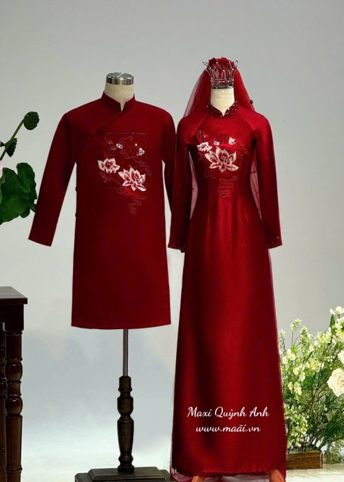 Cặp Áo Dài Cưới Song Sen Đỏ