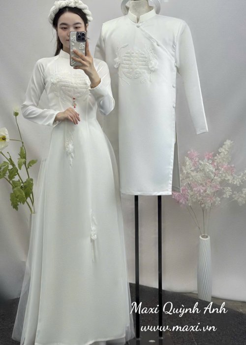 Cặp Áo Dài Cưới Hoa Hỷ Trắng