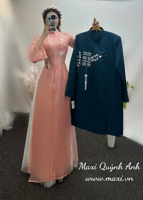 Cặp Áo Dài Cưới Tơ Xước Kết Hoa