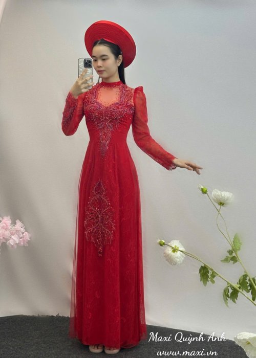 Áo Dài Cưới Kim Sa Đỏ Cao Cấp