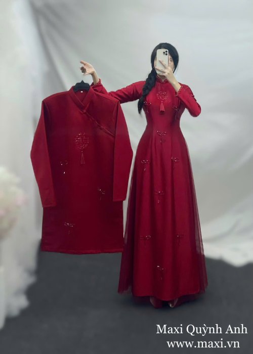 Cặp Áo Dài Cưới Nơ Hồng Quy