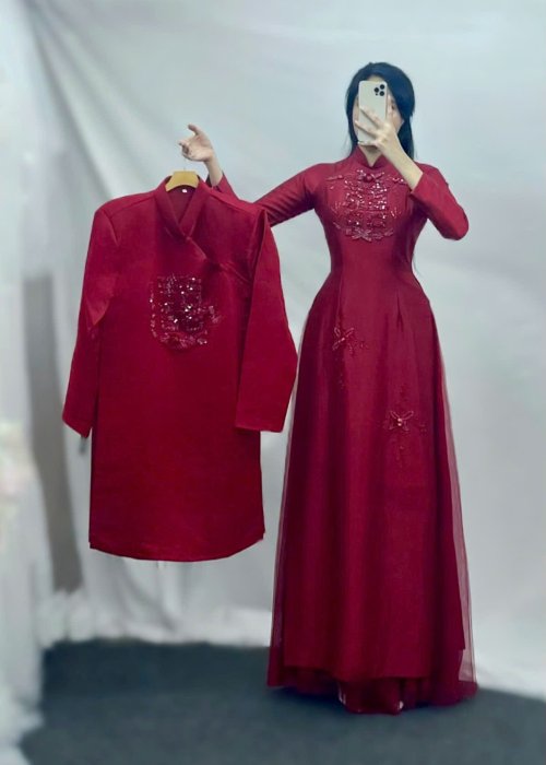 Cặp Áo Dài Cưới Hỷ Đôi Hoa Mai
