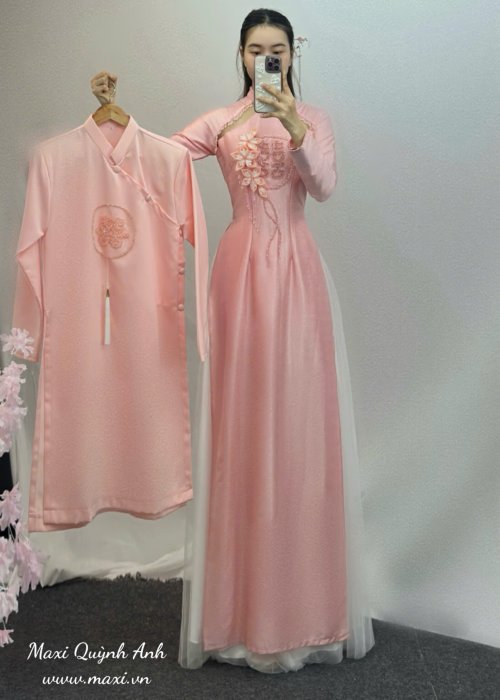Cặp Áo Dài Cưới Hoa Xếp Hồng