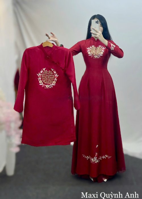 Cặp Áo Dài Cưới Thêu Kim Hỷ Thêu Hoa