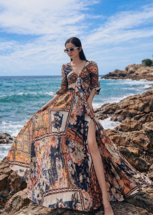 Set Maxi Thổ Cẩm Xẻ Tà