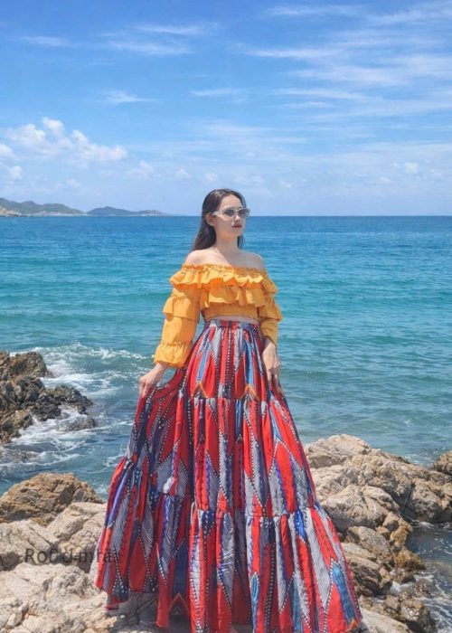 Set Maxi Thổ Cẩm Trễ Vai Tao Nhã