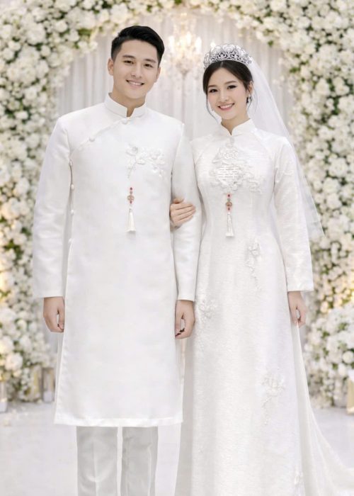 Cặp Áo Dài Cưới Hỷ Đăng Cửu Phúc (Trắng)