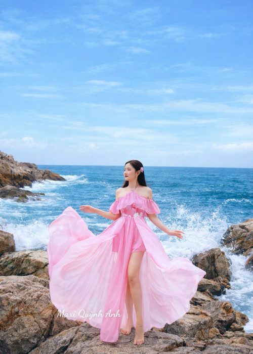 Đầm Maxi Trễ Vai Phối Hoa Cao Cấp