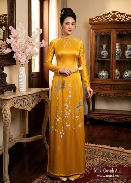 Áo Dài Sui Vàng Kim Thêu Hạc