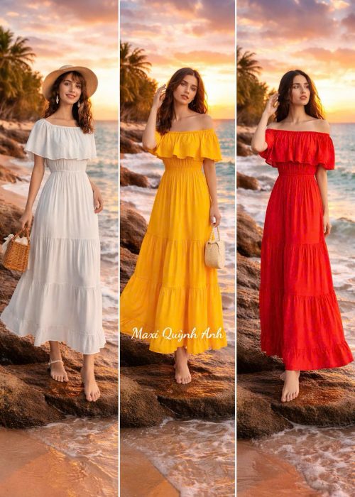 Đầm Maxi Vàng Bèo Vai