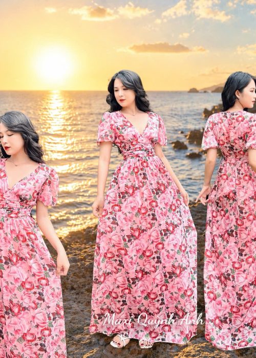 Đầm Maxi Hoa Hồng tay Phồng Cổ V Tao Nhã
