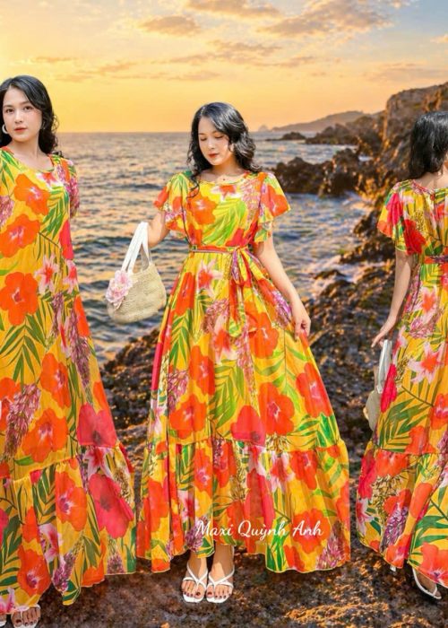 Đầm Maxi Hoa Form Suông Phối Dây Thắt Eo - HVSTB202