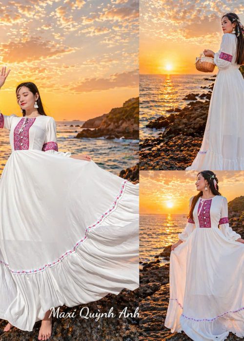 Đầm Maxi Thổ Cẩm Trắng Phong Cách Nhẹ Nhàng