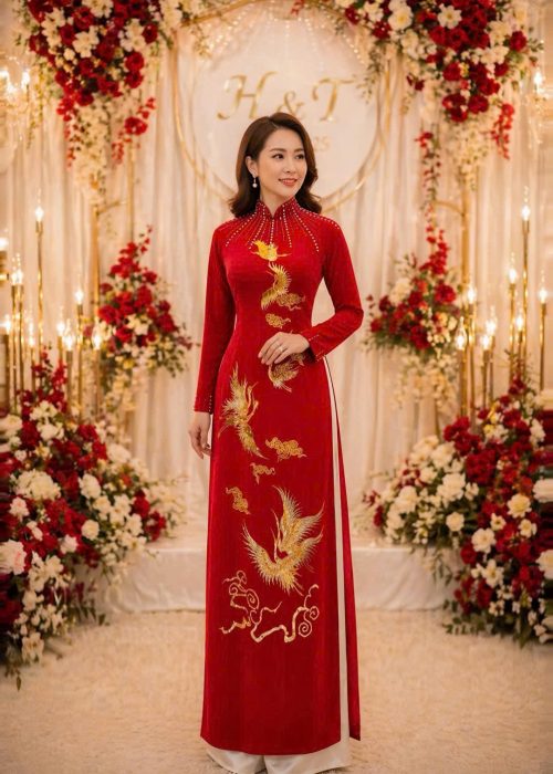 Áo Dài Sui Đỏ Đính Kết Cao Cấp