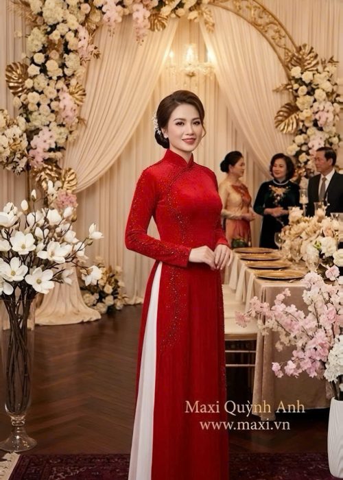 Áo Dài Sui Kim Sa Đỏ