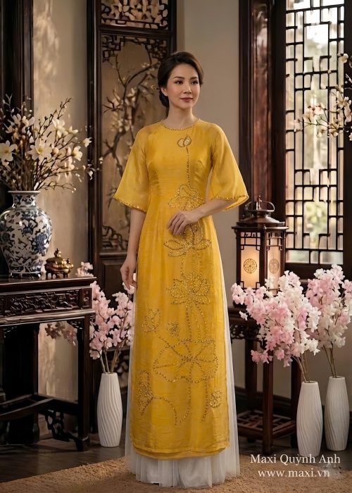 Áo Dài Sui Tơ Xước Sen Tao Nhã