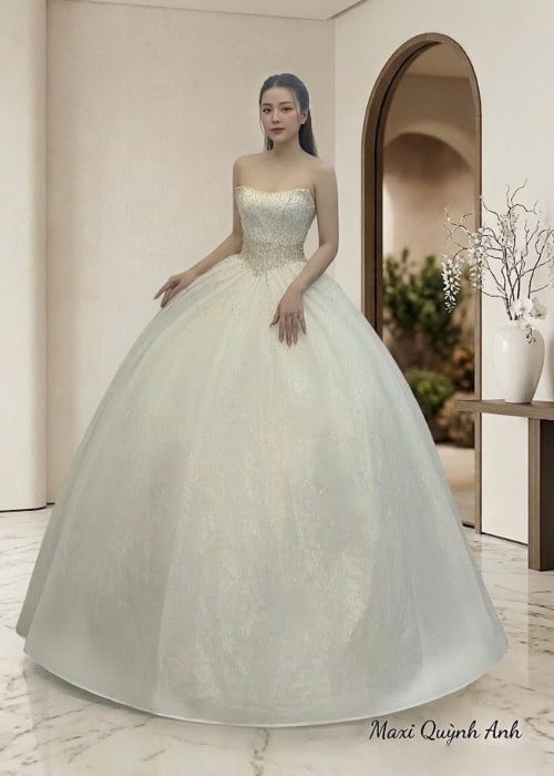 Váy Cưới Kim Sa Phối Trễ Vai Sang Trọng