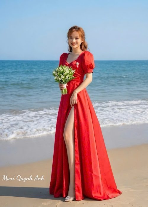 Đầm Dạ Hội Đỏ Xẻ Tà Đính Hoa