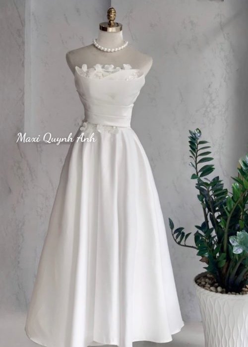 Váy Cưới Cup Ngực Hoa Cao Cấp Form Lửng