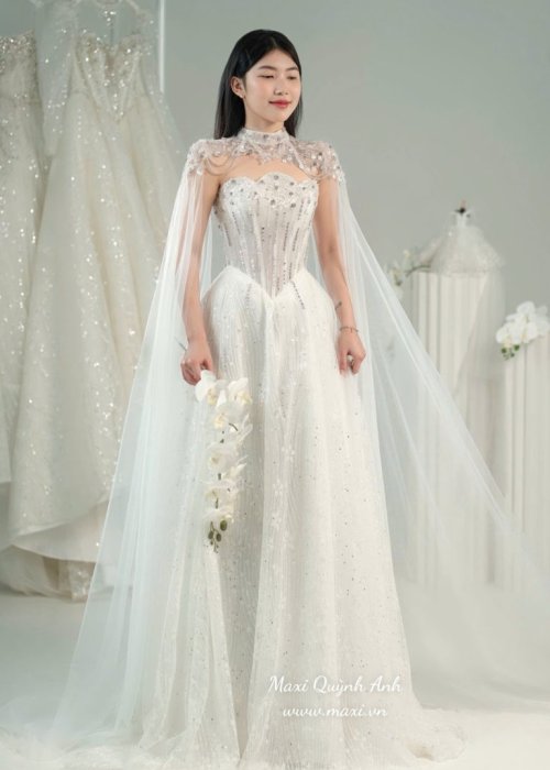 Váy Cưới Kim Sa Cup Ngực Kèm Choàng Sang Trọng