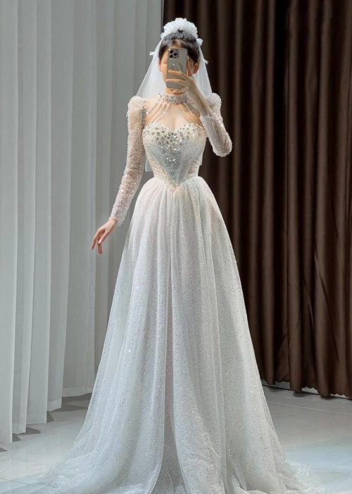 Váy Cưới Tay Dài Đính Kết Kim Sa Cao Cấp