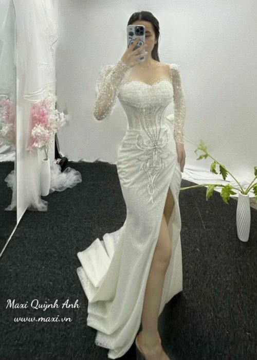 Váy Body Kim Sa Tay Dài Xẻ Tà Cao Cấp