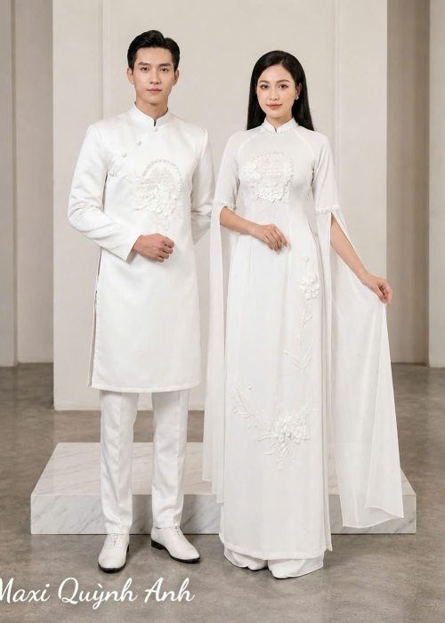 Cặp Áo Dài Hỷ Hoa Tay Xẻ Cao Cấp