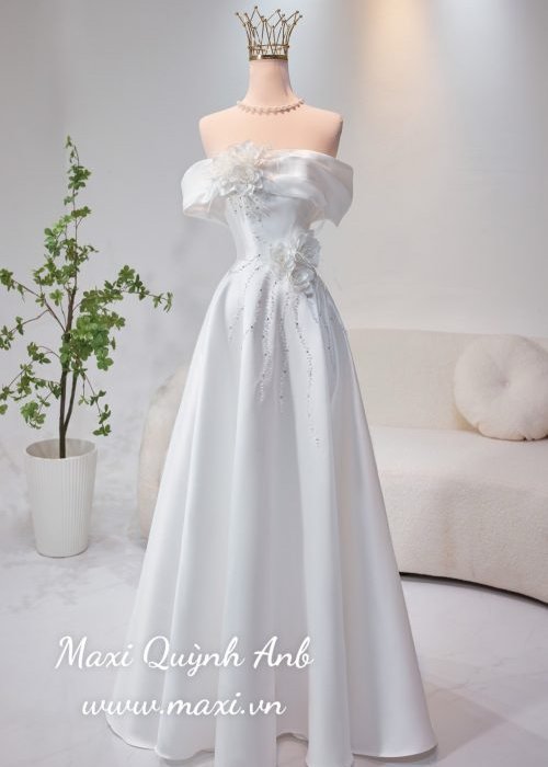 Váy Cưới Trễ Vai Kết Hoa Cao Cấp (3 Màu)