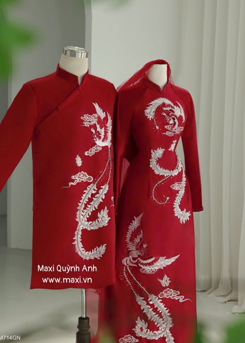 Cặp Áo Dài Cưới Uyên Ương Thiên Hỷ Hồng Y