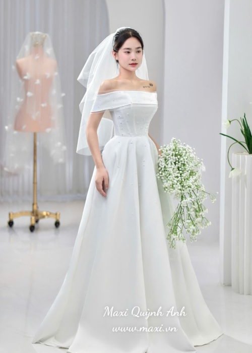Váy Cưới Trễ Vai Kết Ngọc Trai Cao Cấp