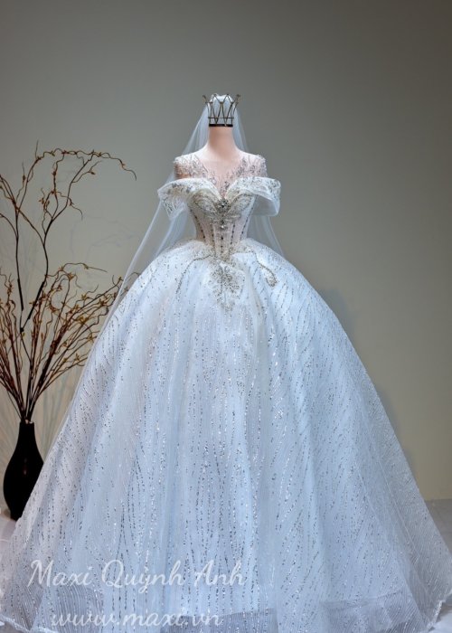 Váy Cưới Trễ Vai Phối Đá Cao Cấp