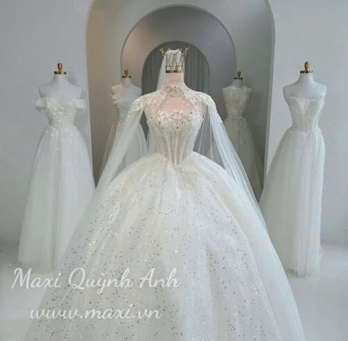 Váy Cưới Kim Sa Cup Ngực Kèm Choàng Cao Cấp