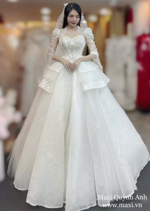Váy Cưới Kim Sa Tay Dài Đính Kết Sang Trọng
