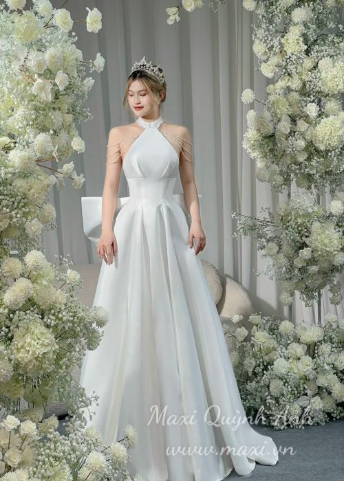 Váy Cưới Cổ Yếm Đính Kết Ngọc Trai Cao Cấp (3 Màu)