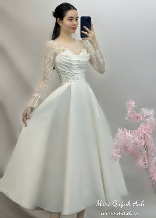 Váy Ngắn Tay Dài Xếp Ly Ngực